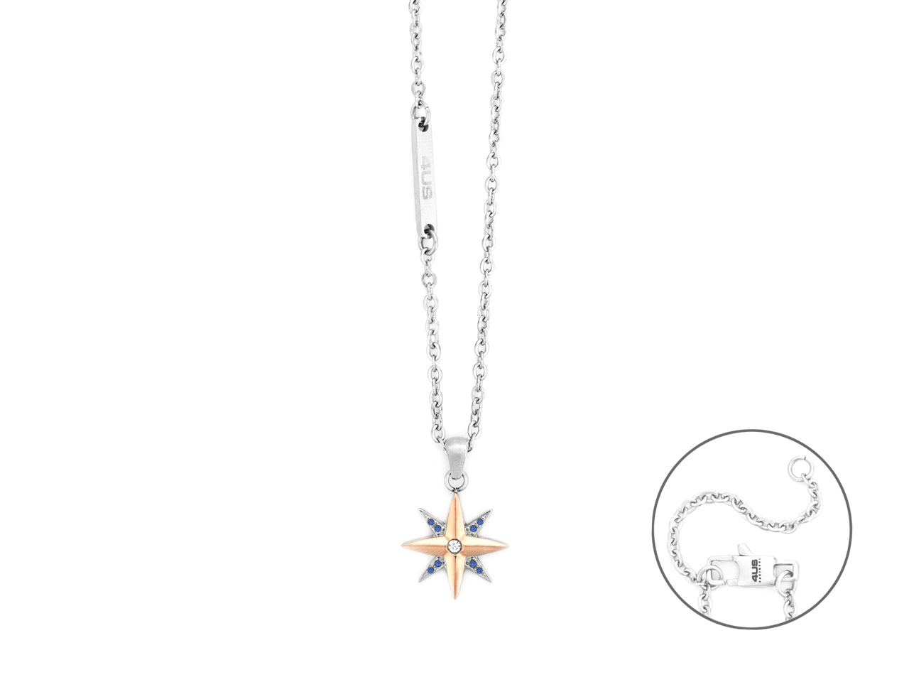 Collana 4US Cesare Paciotti Uomo  Acciaio Rosa Dei Venti Rosè Zirconi Blu 4UCL7793